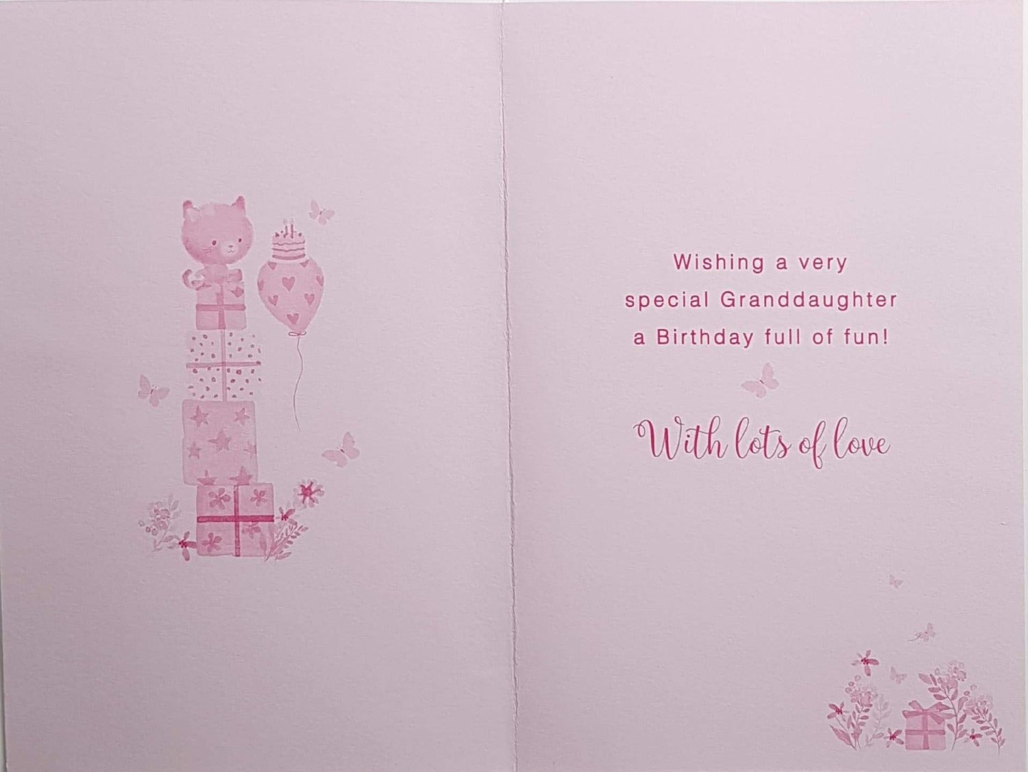 Birthday Card - Grandaughter / Happy Kitten Holding Pink Balloon Looking At The Gifts Tower