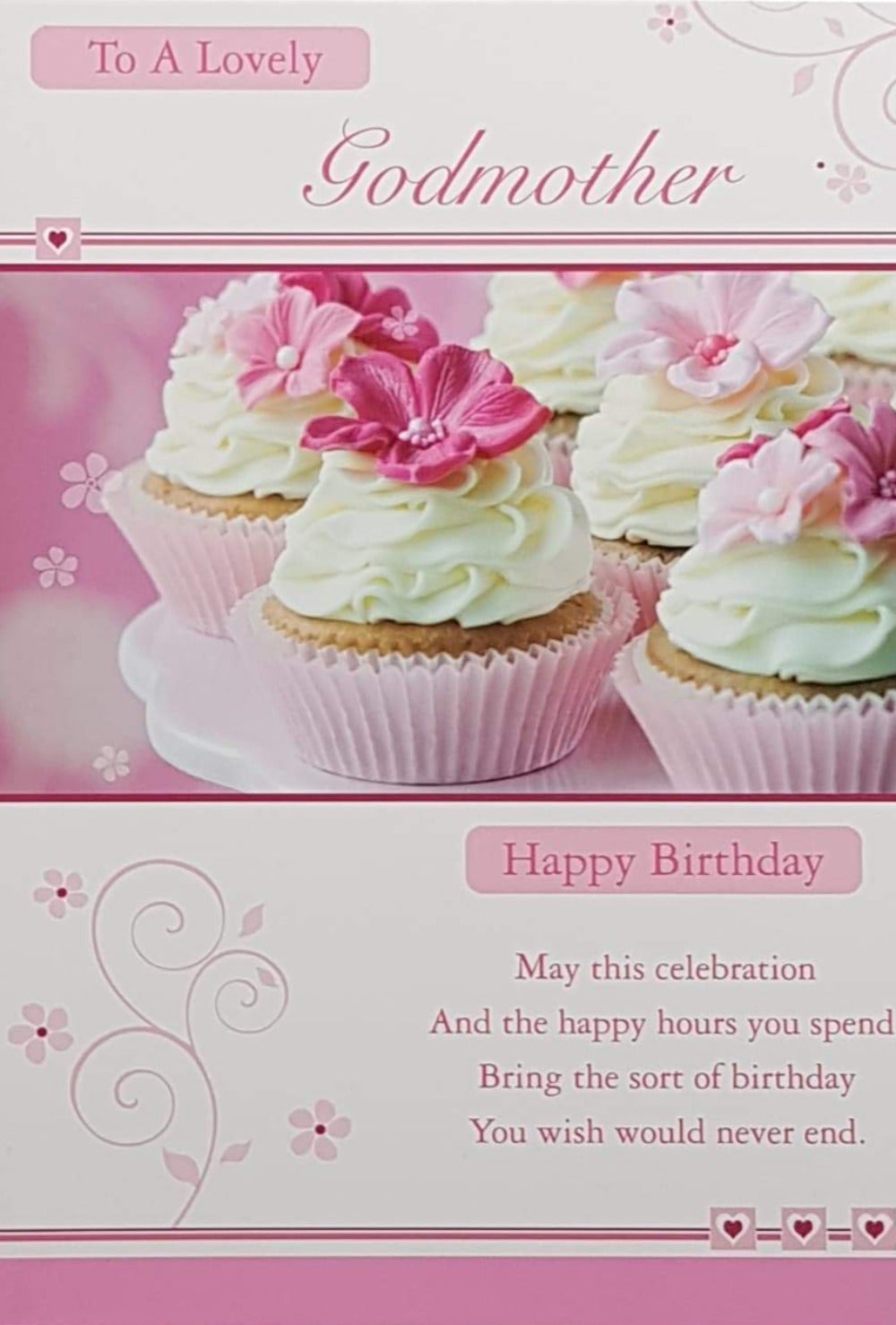 Birthday Card - Godmother / Birthday Cupkaces Decorated Pink Flowers