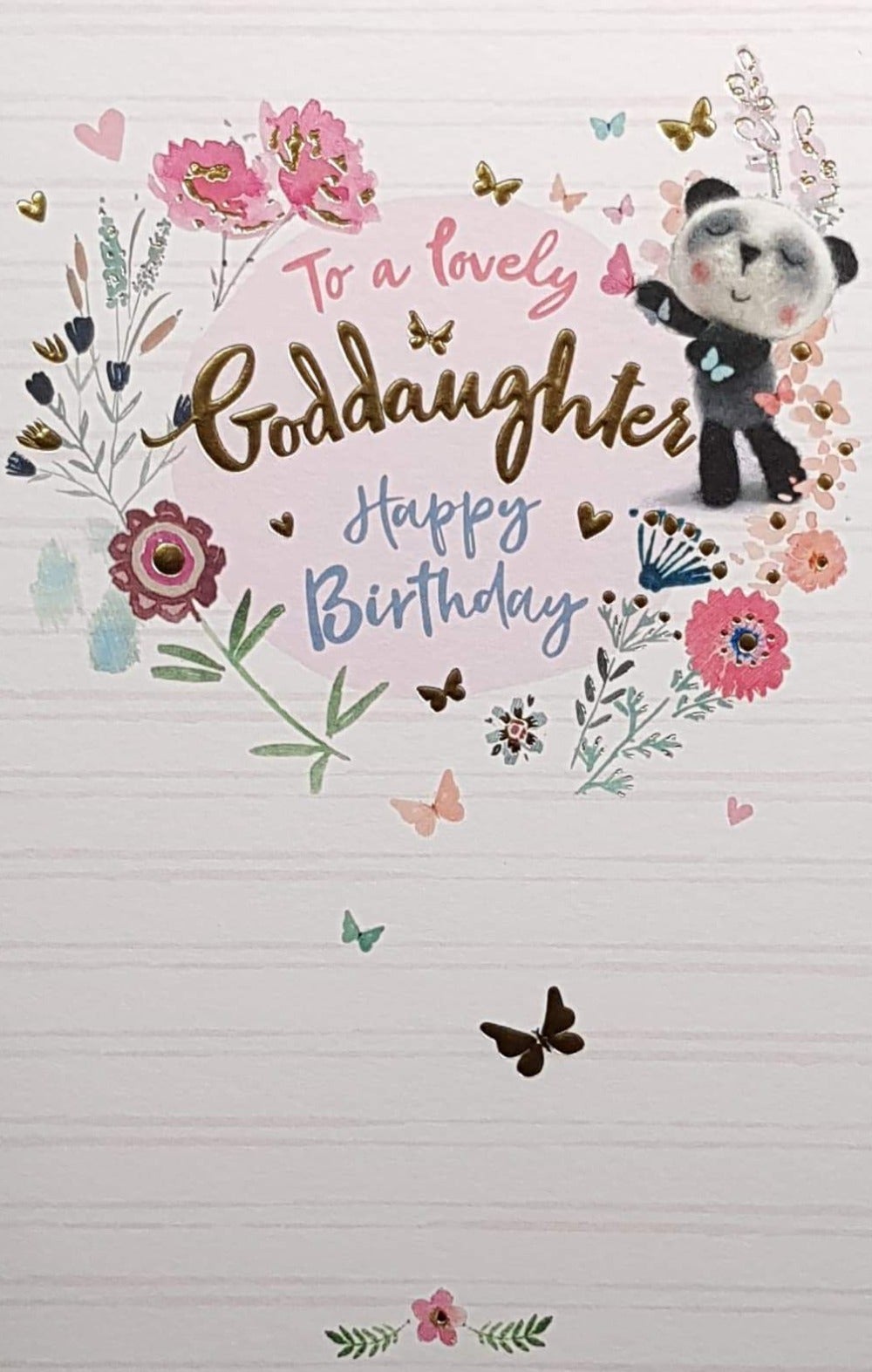Birthday Card - Goddaughter / Panda Bear Catching The Butterflies & Nice Floral Motive