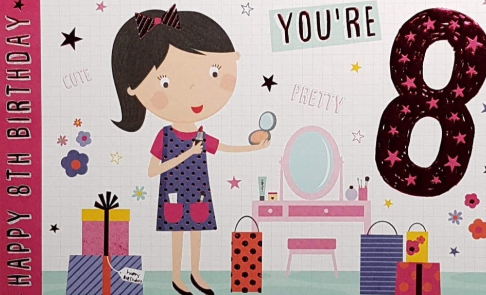 Age 8 Birthday Card - The Girl Putting On The Lipstick & Gold Number 8 Marked Pink Stars
