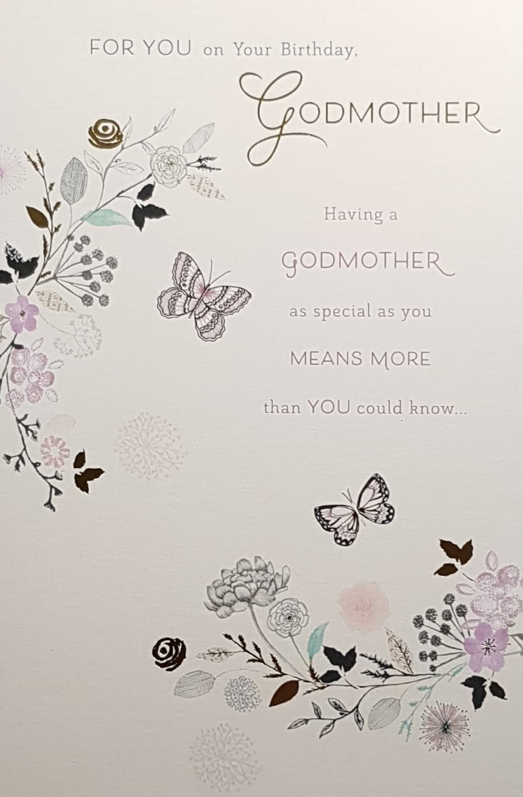 Birthday Card - Godmother / Flower And Butterflies