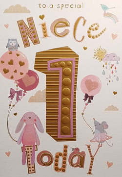 1st Niece Birthday Card - Big 1 In Gold Font