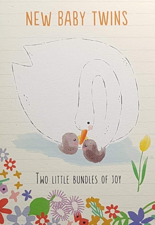 New Baby Card - Twins / Mum Swan Is Carrying Of Her Two Little Ones On The Lake