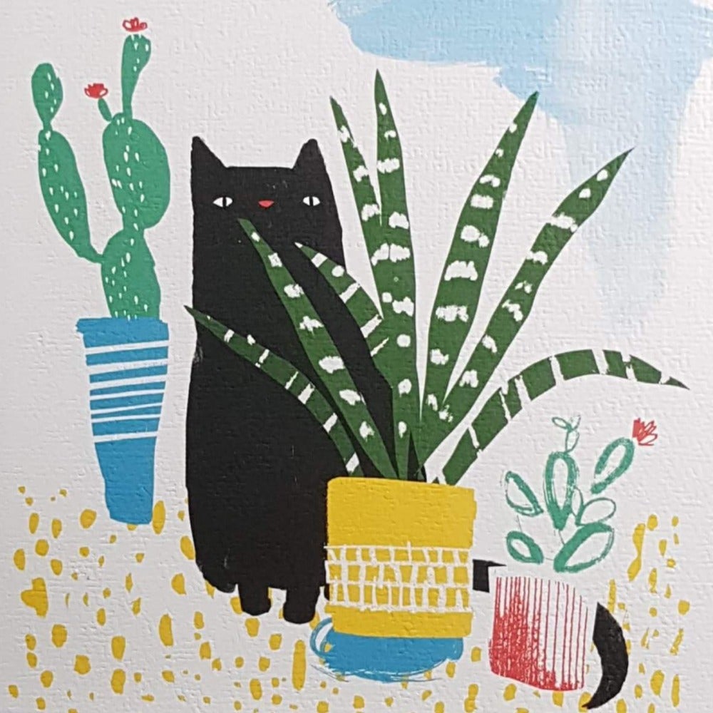 Blank Card - Black Cat Sitting Behind Pot Plant