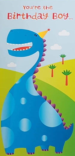 Birthday Card - Boy / Blue Dinosaur Wearing Party Hat (Money Wallet)