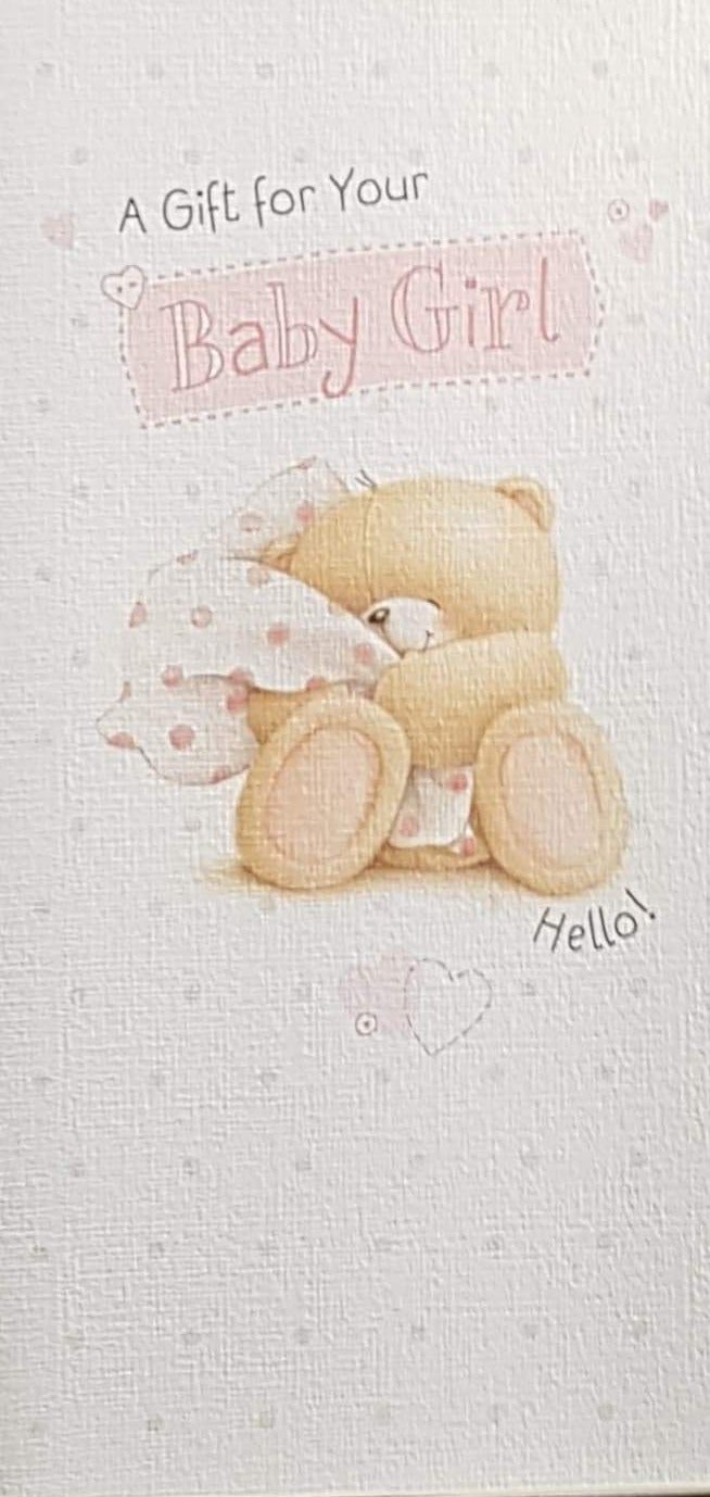New Baby Card - Girl / Cute Teddie Holding Scarf With Pink Spots (Money Wallet)