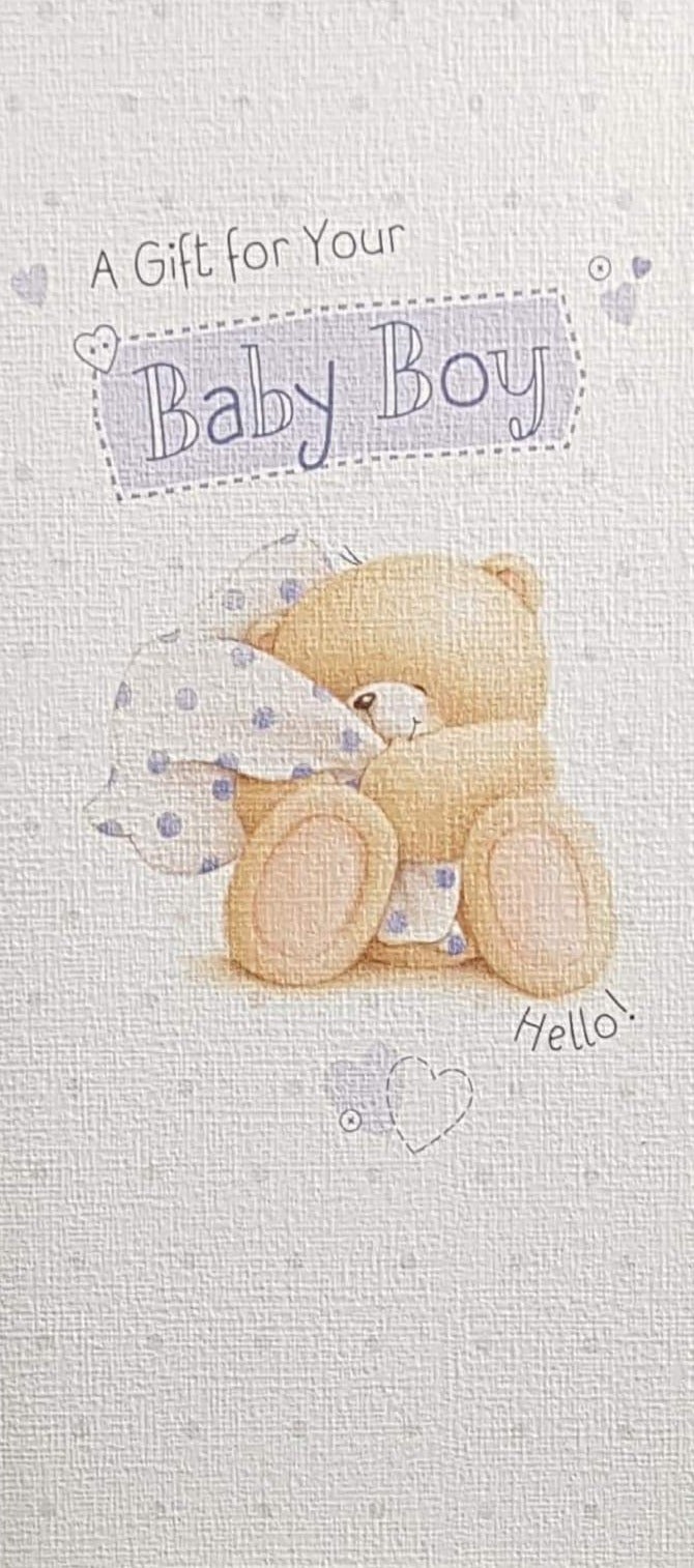 New Baby Card - Boy / Cute Teddie Holding Scarf With Blue Spots (Money Wallet)