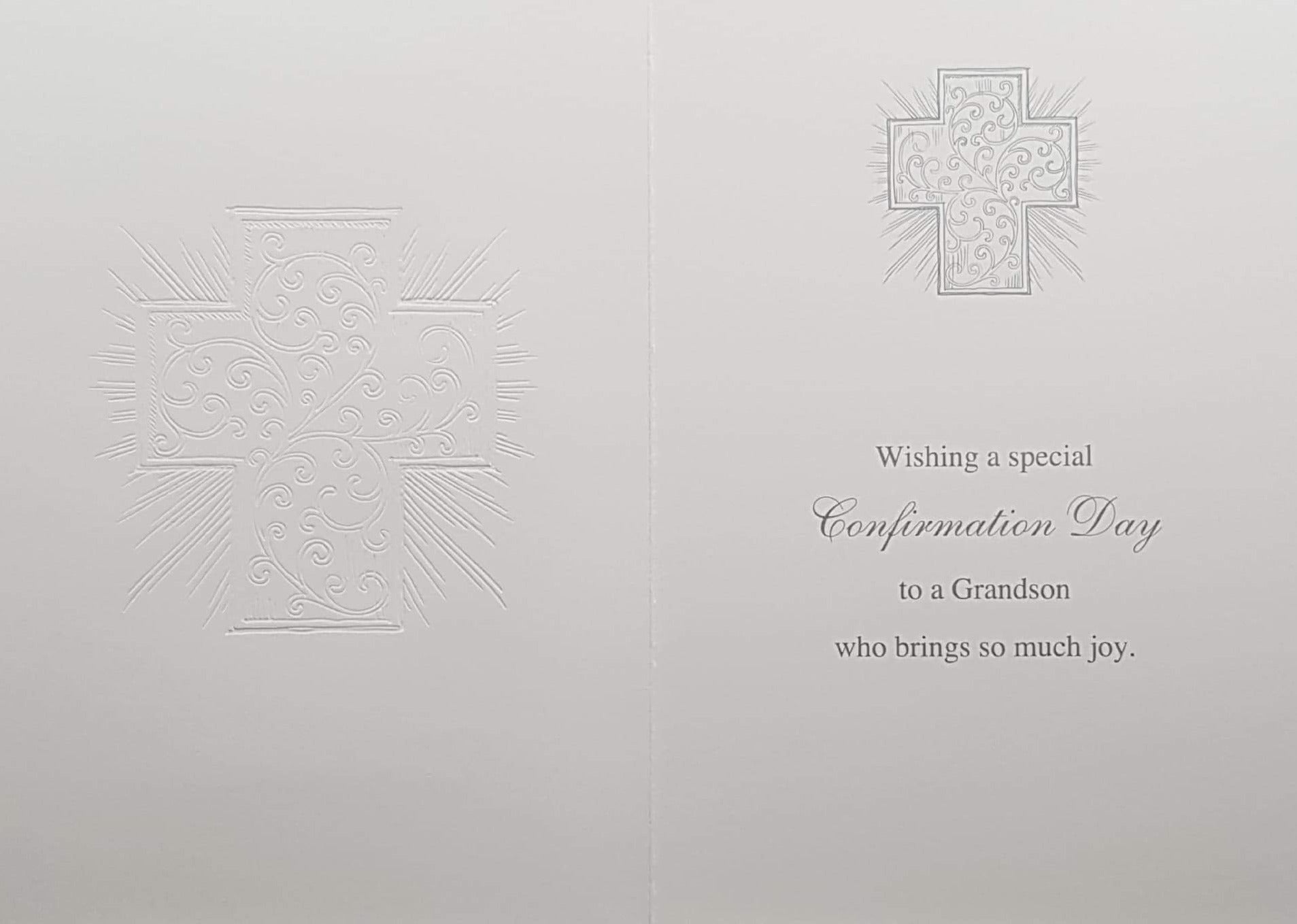 Confirmation Card - Grandson / Big White Cross & Blue Decorations