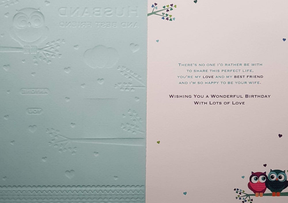 Birthday Card - Husband / Blue Owl On A Branch & Heart Shaped Leaves