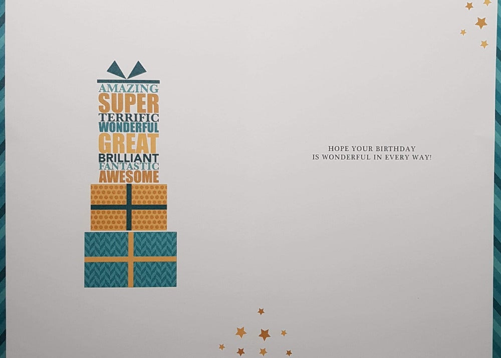 Birthday Card - Grandson / Gold Stars & Presents