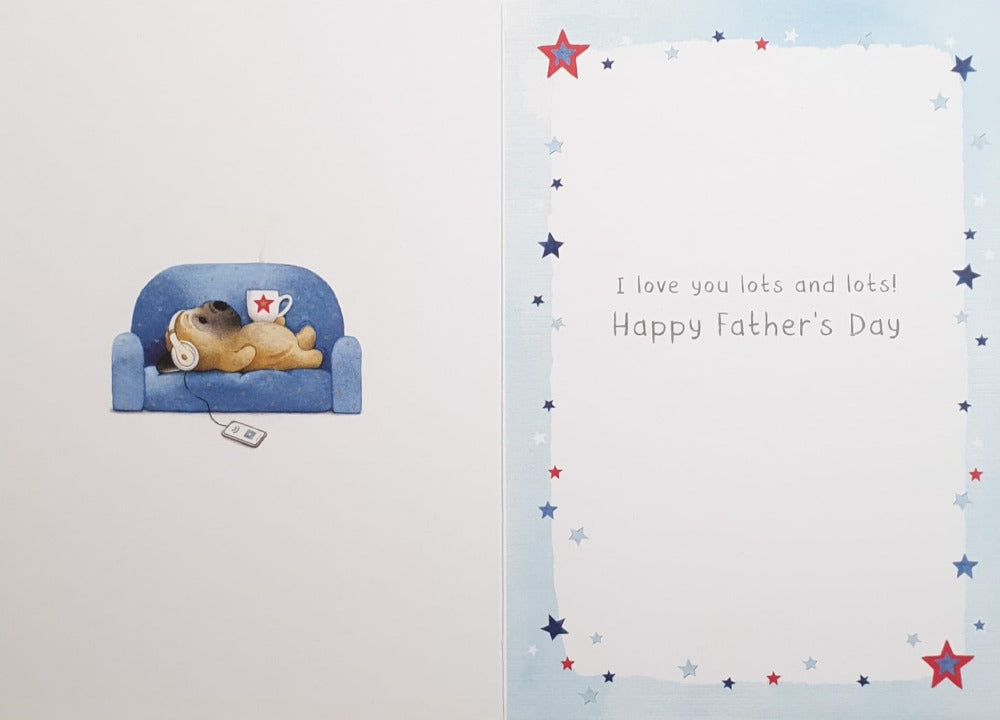 Fathers Day Card - Daddy / Puppy Listening To Music / Relax & Enjoy