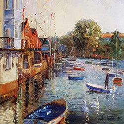 Birthday Card - Flowing Water, Rowing Boats & Swans