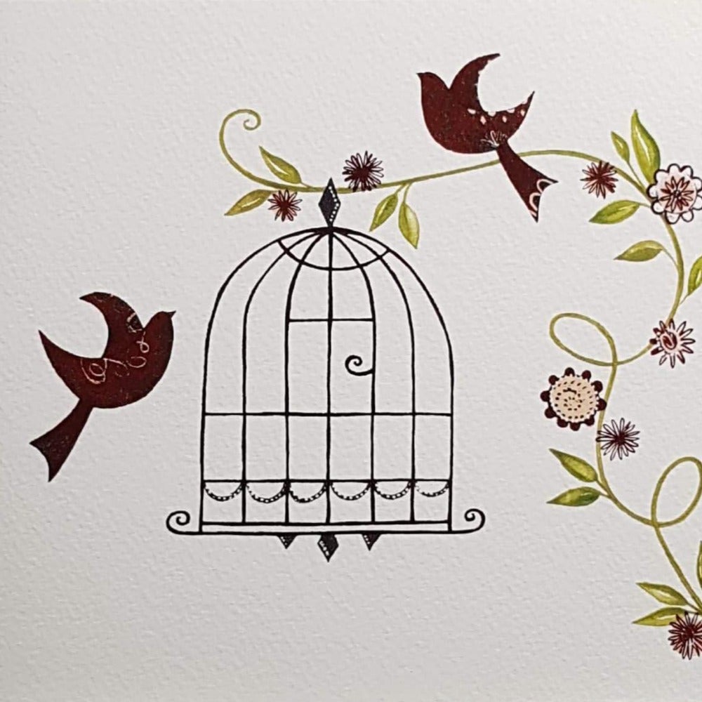 Blank Card - Two Birds Outside Hanging Bird Cage
