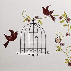 Blank Card - Two Birds Outside Hanging Bird Cage