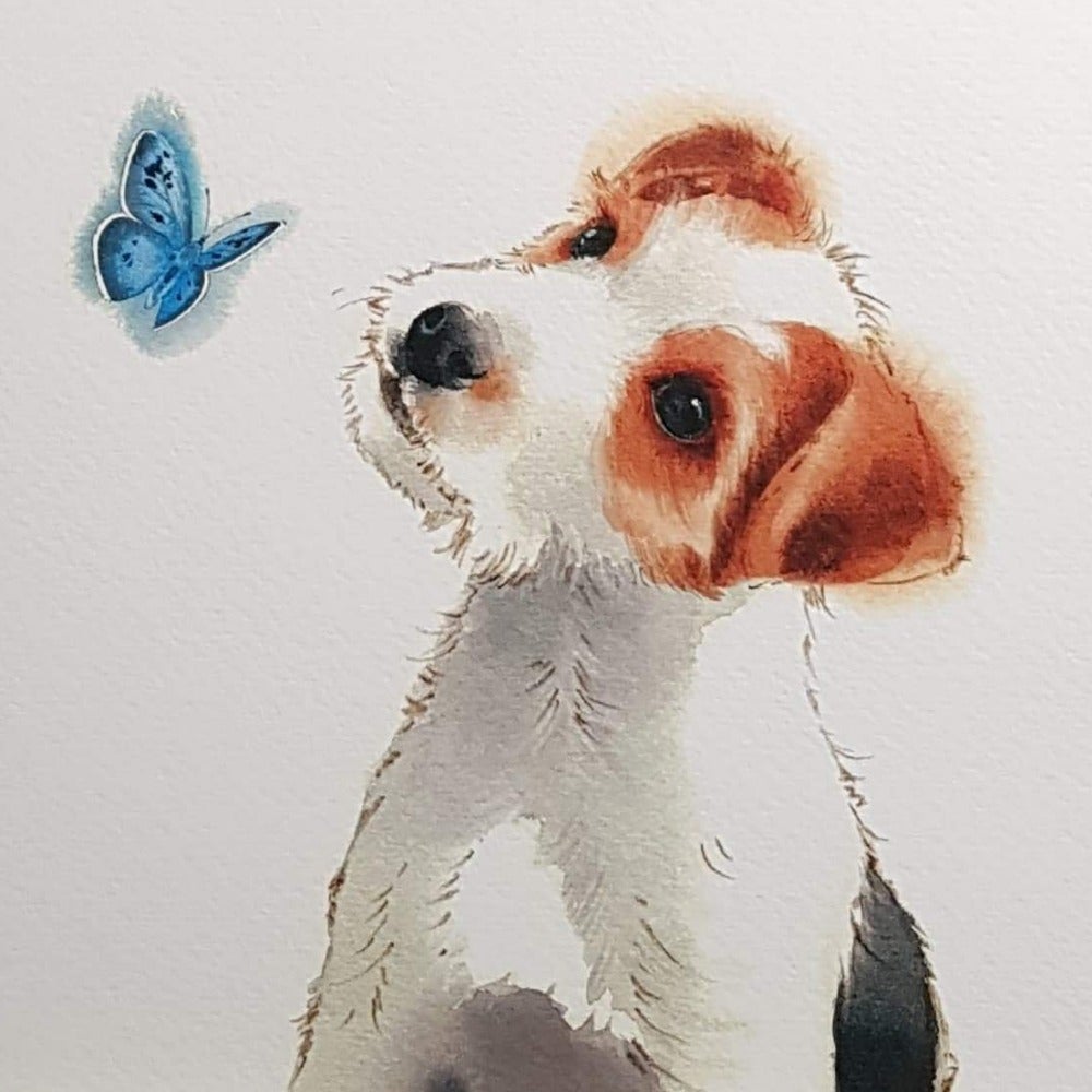 Birthday Card - Animal / Blue Butterfly & Puppy