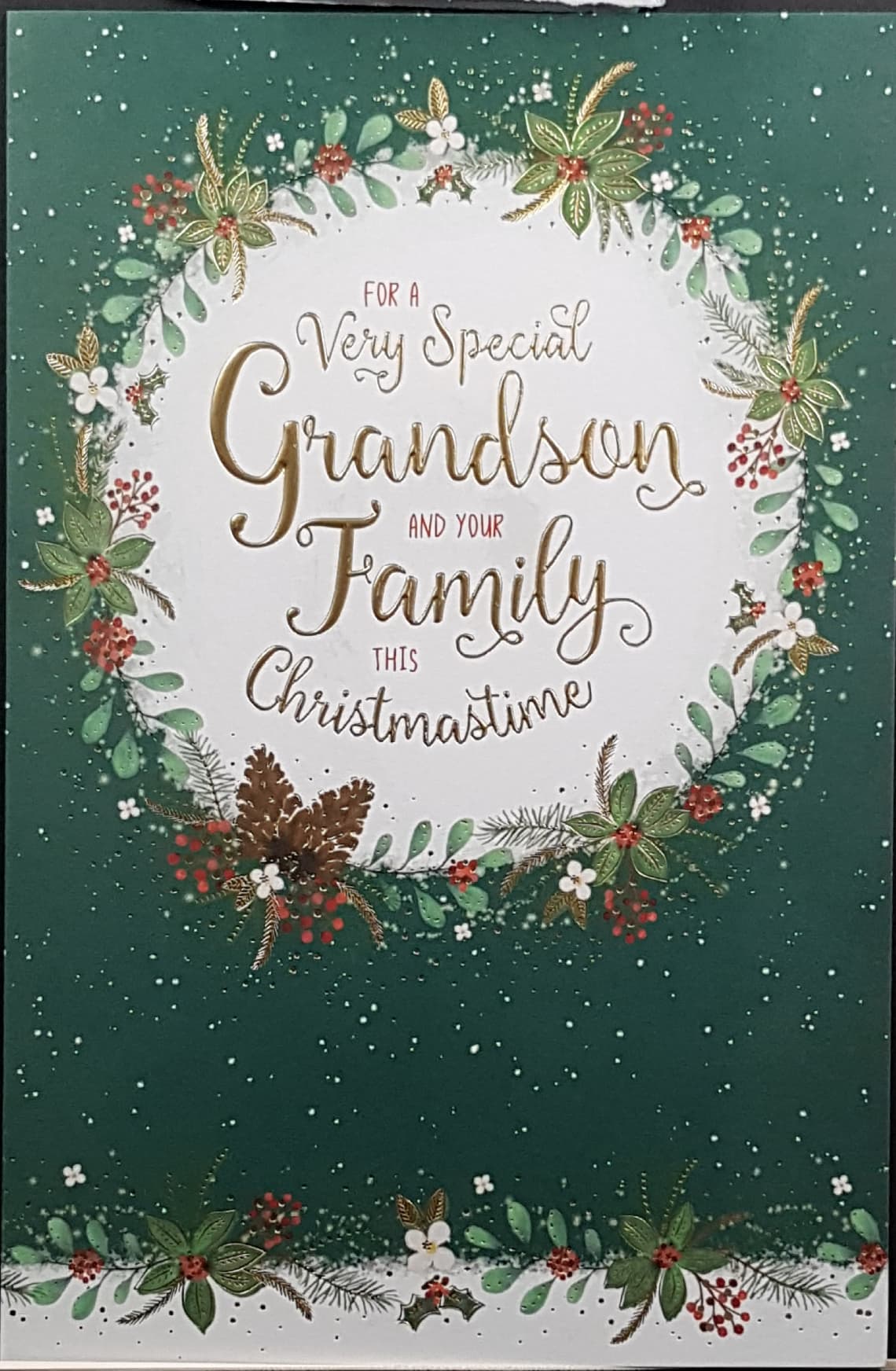 Grandson & Family Christmas Card - Wreath on Green Background & Gold Font