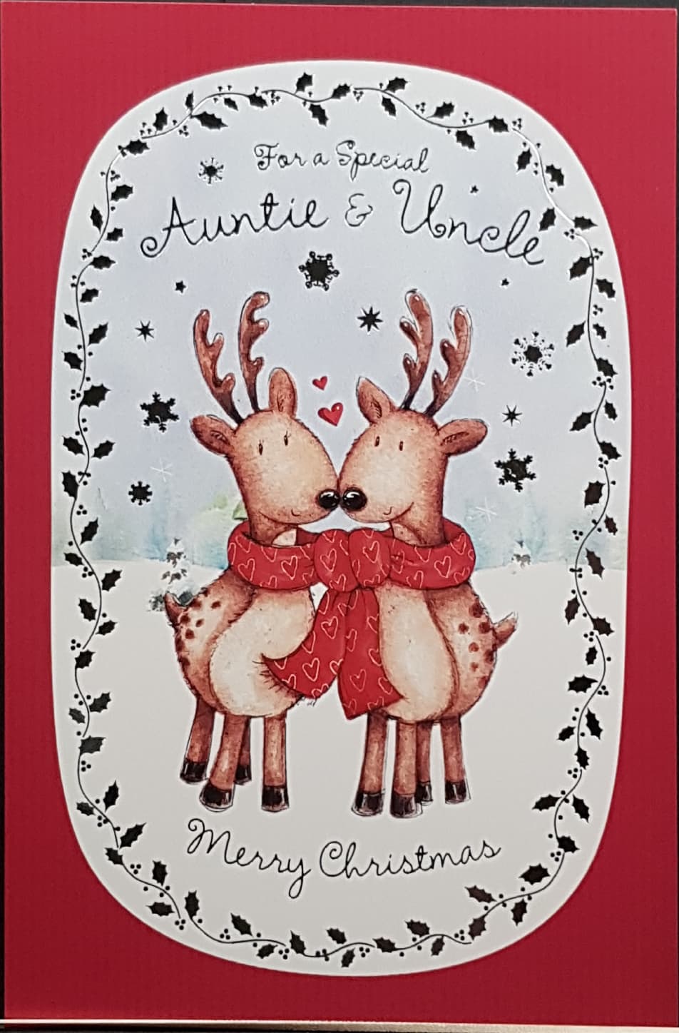 Auntie & Uncle Christmas Card - Merry Christmas & Two Reindeer in Red Scarves