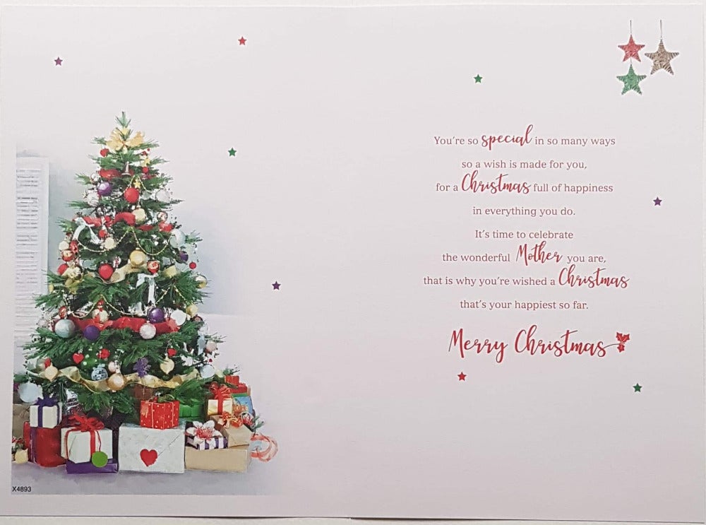 Mother Christmas Card - Green & Red & Silver Stars Above The Christmas Tree