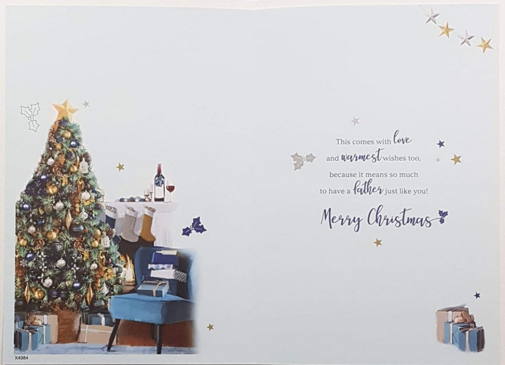 Father Christmas Card - Gifts Below The Christmas Tree & On The Blue Armchair