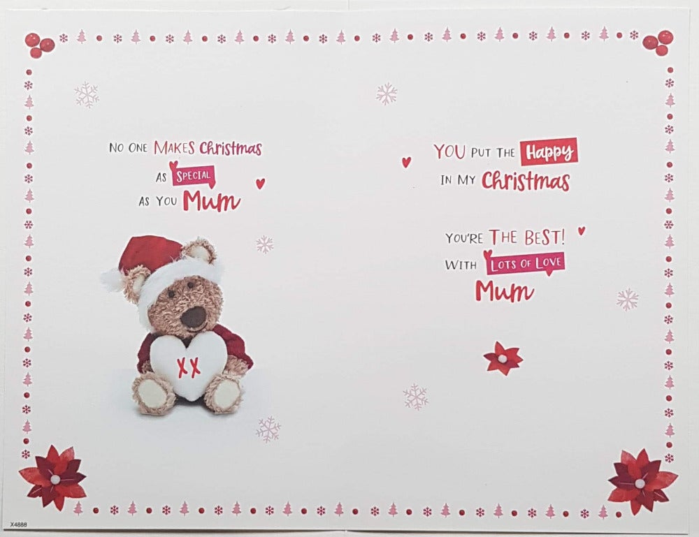 Mum Christmas Card - Love You Sign On White Heart Holded By Cute Teddy