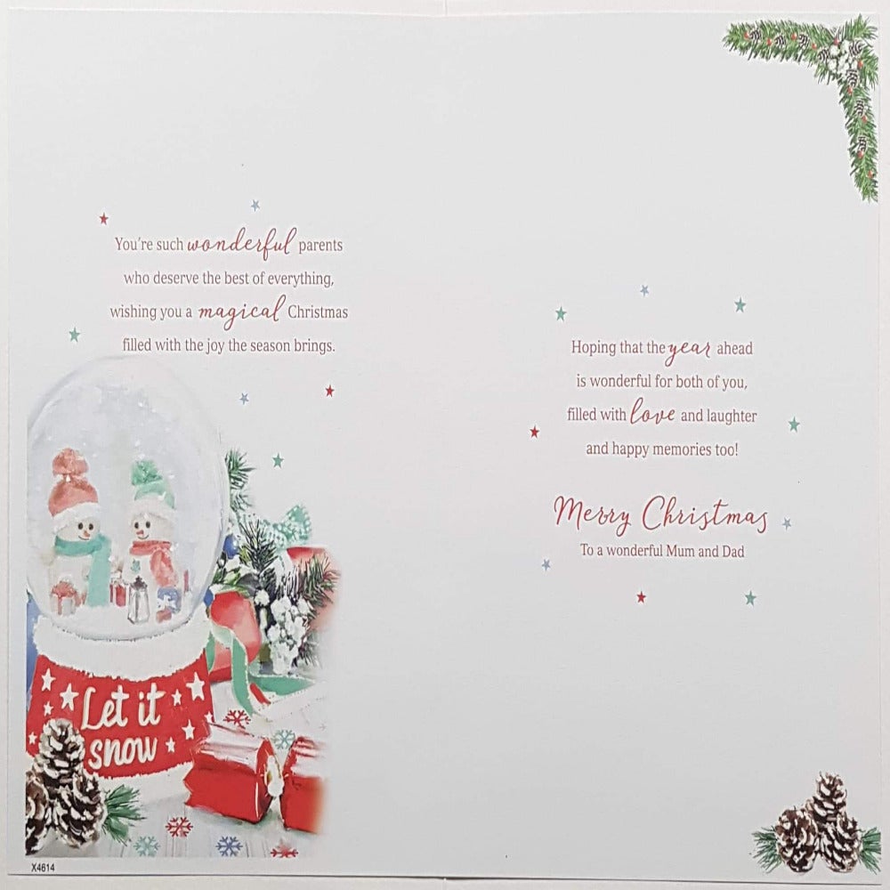 Mum And Dad Christmas Card - Let It Snow & Snowglobe With Snowmans