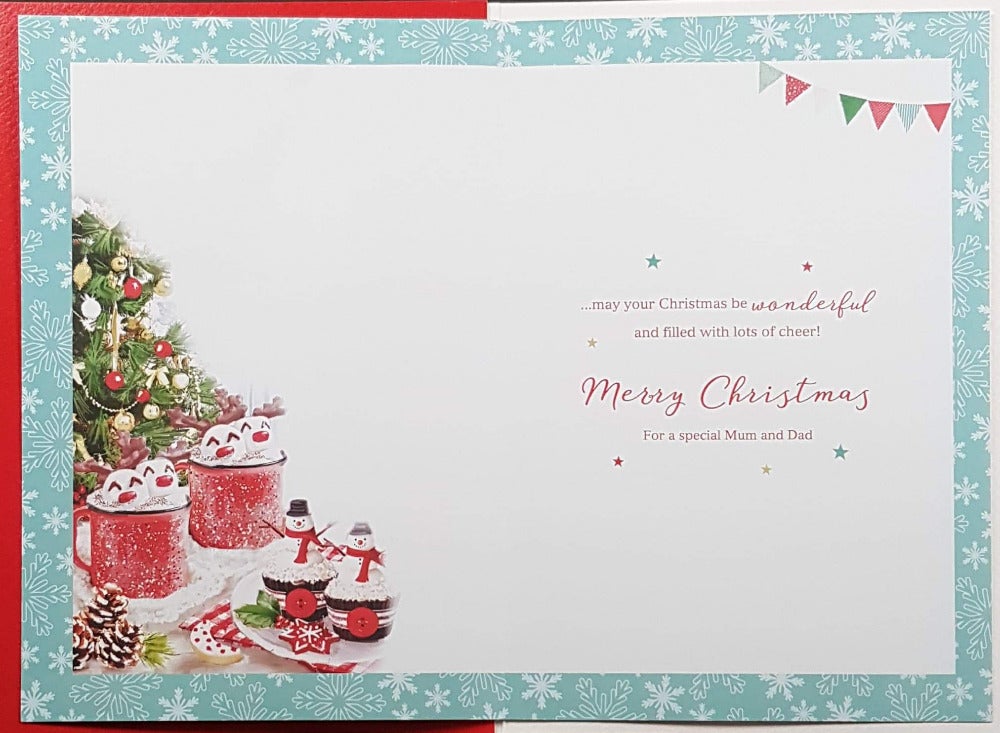 Mum And Dad Christmas Card - Two Christmas Cupcakes With Snowman & Red Button