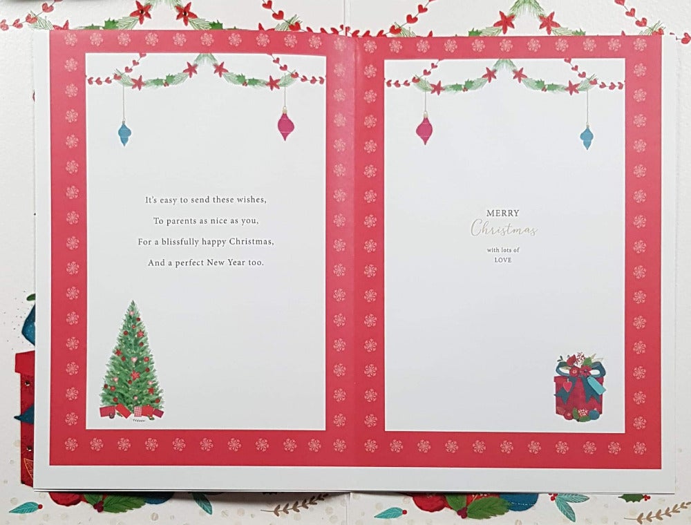 Mum And Dad Christmas Card - Big Christmas Tree Framed Red Frame With Snowflakes