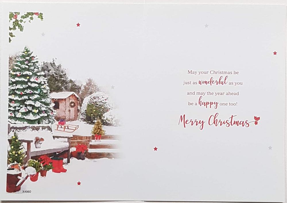 Grandad Christmas Card - Squirel On The Banch In The Snowy Garden