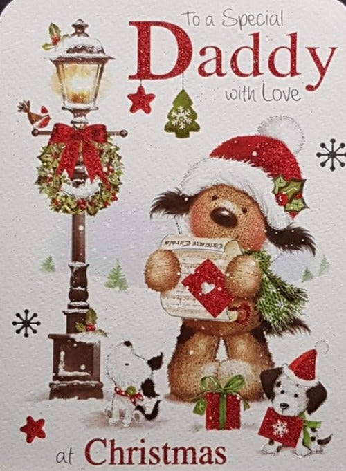 Daddy Christmas Card - Daddy Dog Reading Greetings & Two Puppy Dogs