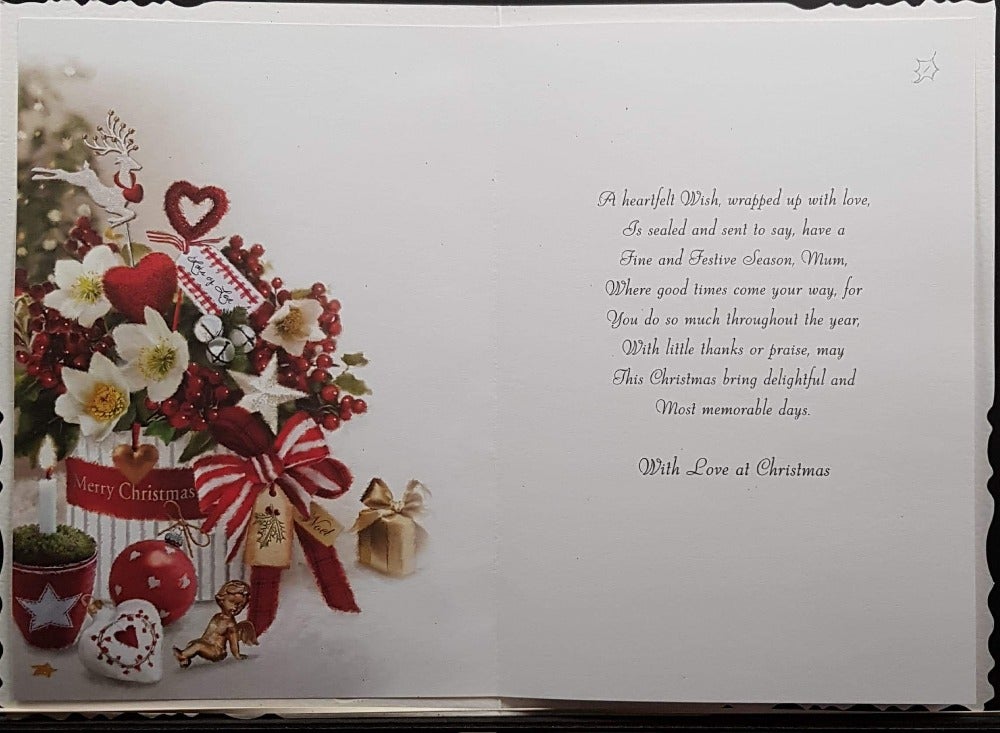 Mum Christmas Card - Gold Little Angel & Gift Box Fulled With Season Bouquet