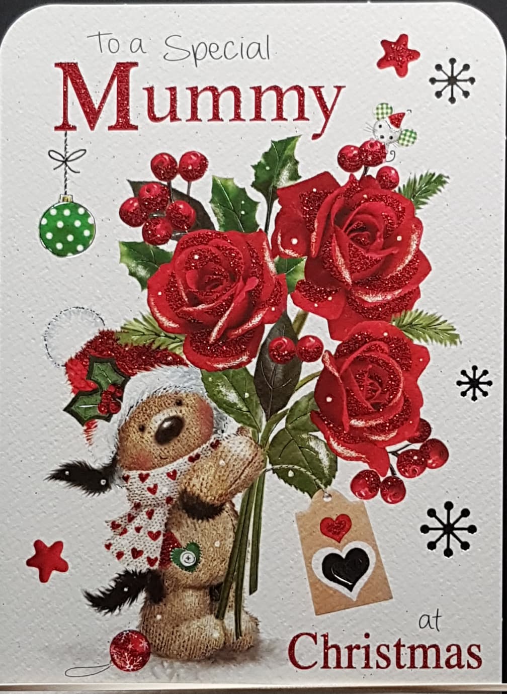 Mummy Christmas Card - The Bear Wearing Santa Hat Holding Three Frosty Roses