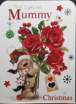 Mummy Christmas Card - The Bear Wearing Santa Hat Holding Three Frosty Roses