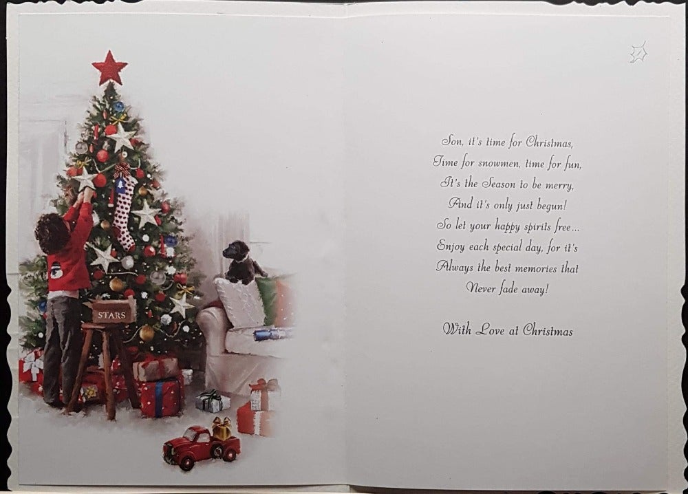 Son Christmas Card - Boy Dressing Christmas Tree & Puppy Lying On The Couch