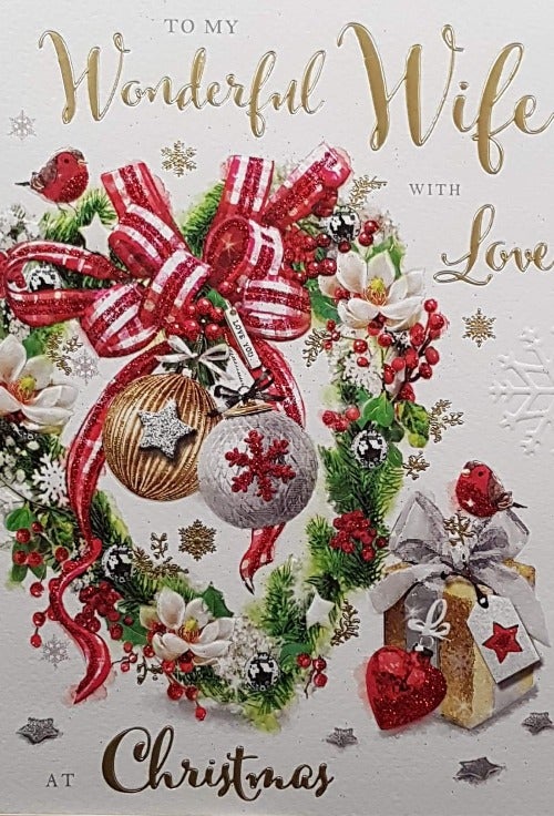 Wife Christmas Card - Red Heart-Shaped Christmas Ball & Heart-Shaped Christmas Wreath