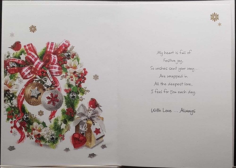 Wife Christmas Card - Red Heart-Shaped Christmas Ball & Heart-Shaped Christmas Wreath