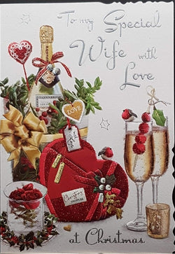 Wife Christmas Card - Heart-Shaped Chocolate Box & Two Robins