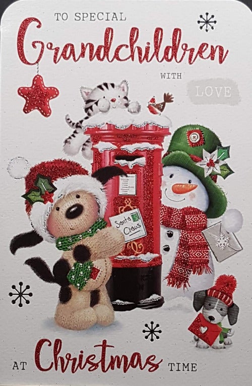 Grandchildren Christmas Card - Snowman & Teddy Sending Letters To Santa