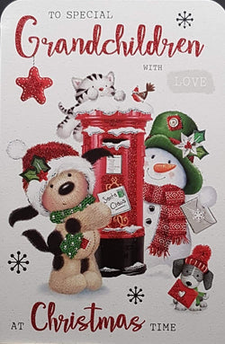 Grandchildren Christmas Card - Snowman & Teddy Sending Letters To Santa