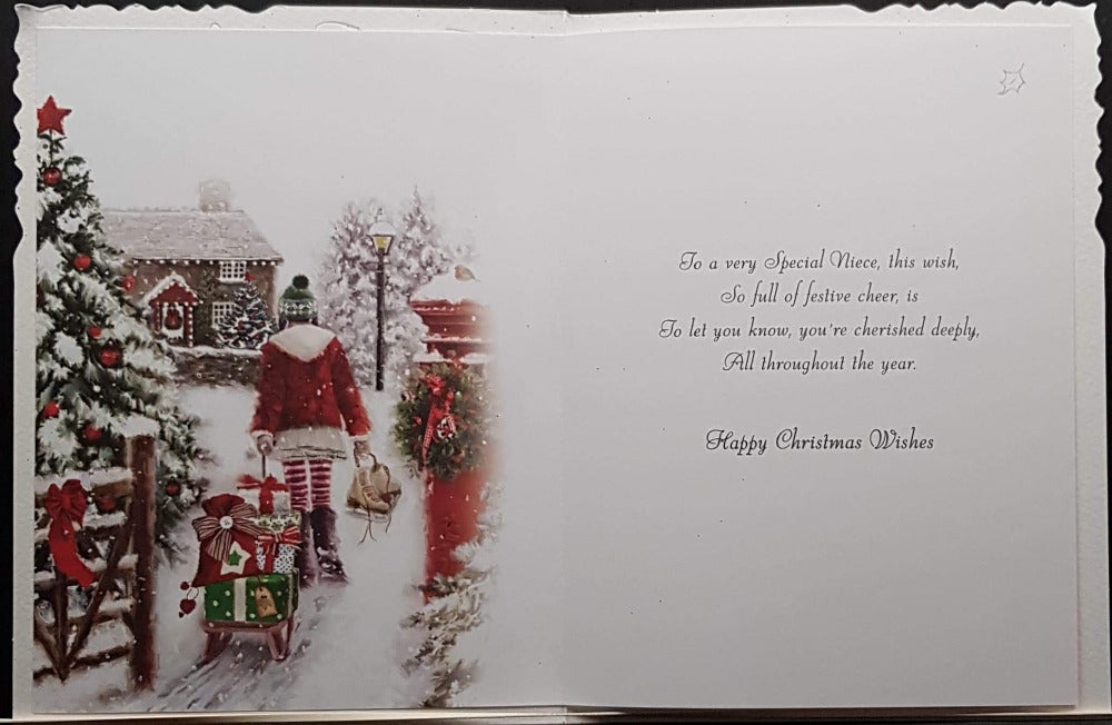 Niece Christmas Card - Girl Wearing Green Cap Is Carrying Gifts On A Sledge