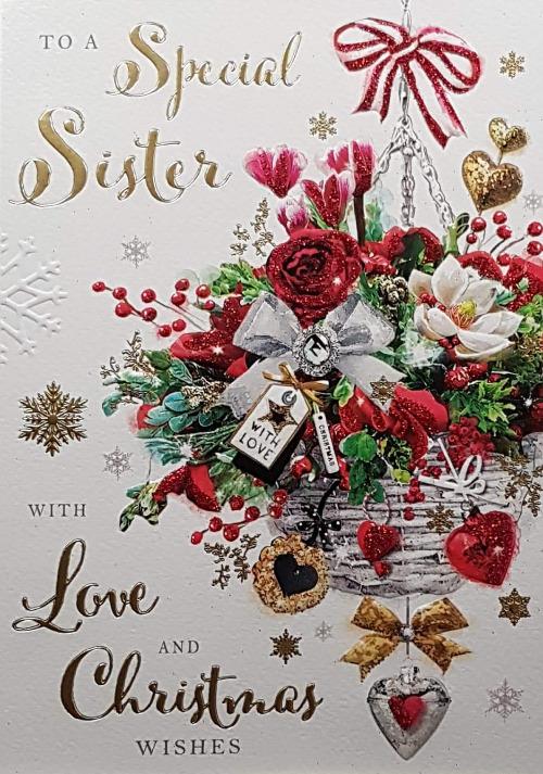 Sister Christmas Card - Christmas Bouquet & Gold Snowflake