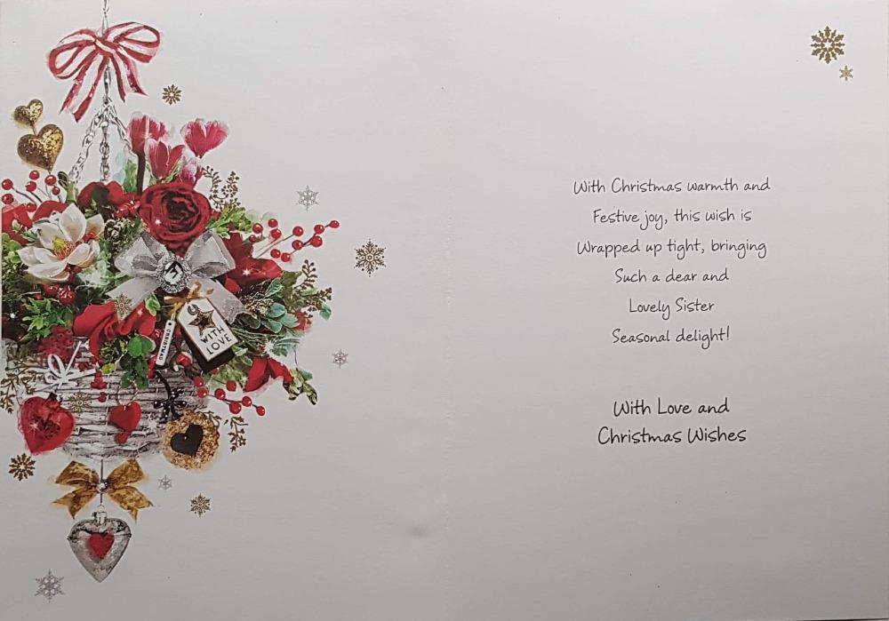 Sister Christmas Card - Christmas Bouquet & Gold Snowflake