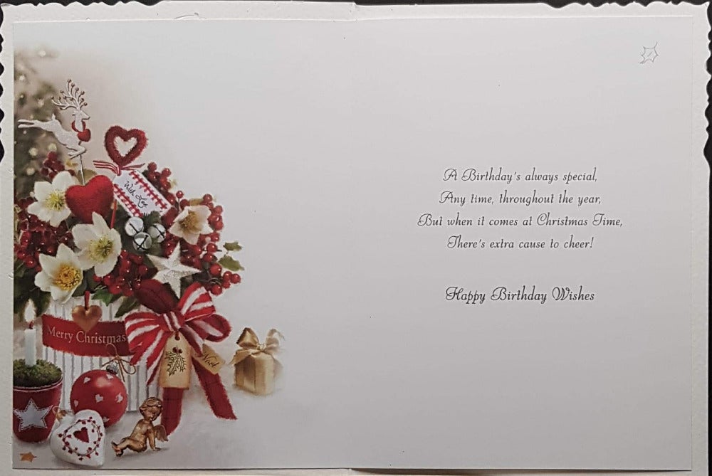 December Birthday Card - Reindeer Above The Festive Bouquet & Have A Lovely Day