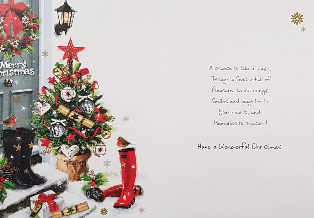 Brother And Sister In Law Christmas Card - Two Robins Looking At Each Other Sitting On The Rain Boots