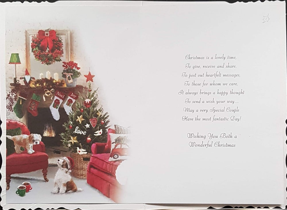 Brother And Sister In Law Christmas Card - Festive Living Room & Two Puppies