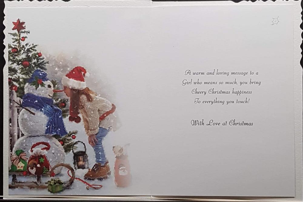 Granddaughter Christmas Card - Girl Is Playing With The Snowman