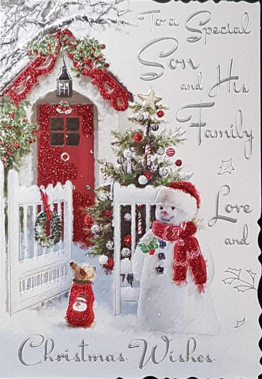 Son And Family Christmas Card - Love and Christmas Wishes & Snowman, Dog & Decorated Front Door
