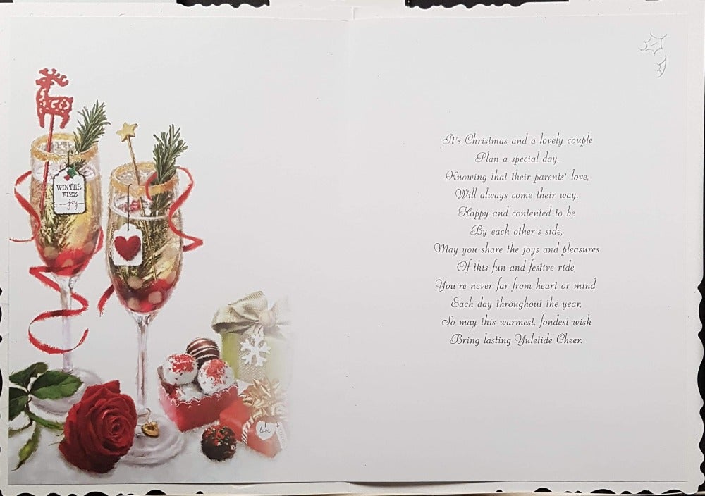 Son And Daughter In Law Christmas Card - At Christmas & Champagne Glasses, Rose & Decorations