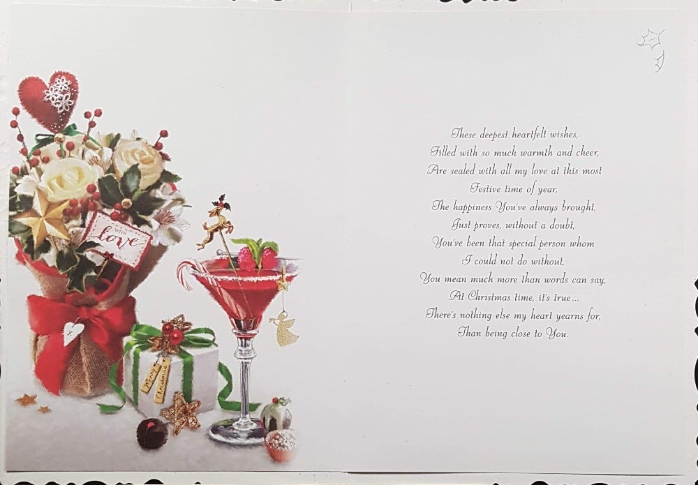 Wife Christmas Card - With Love & Cocktail & White Bouquet