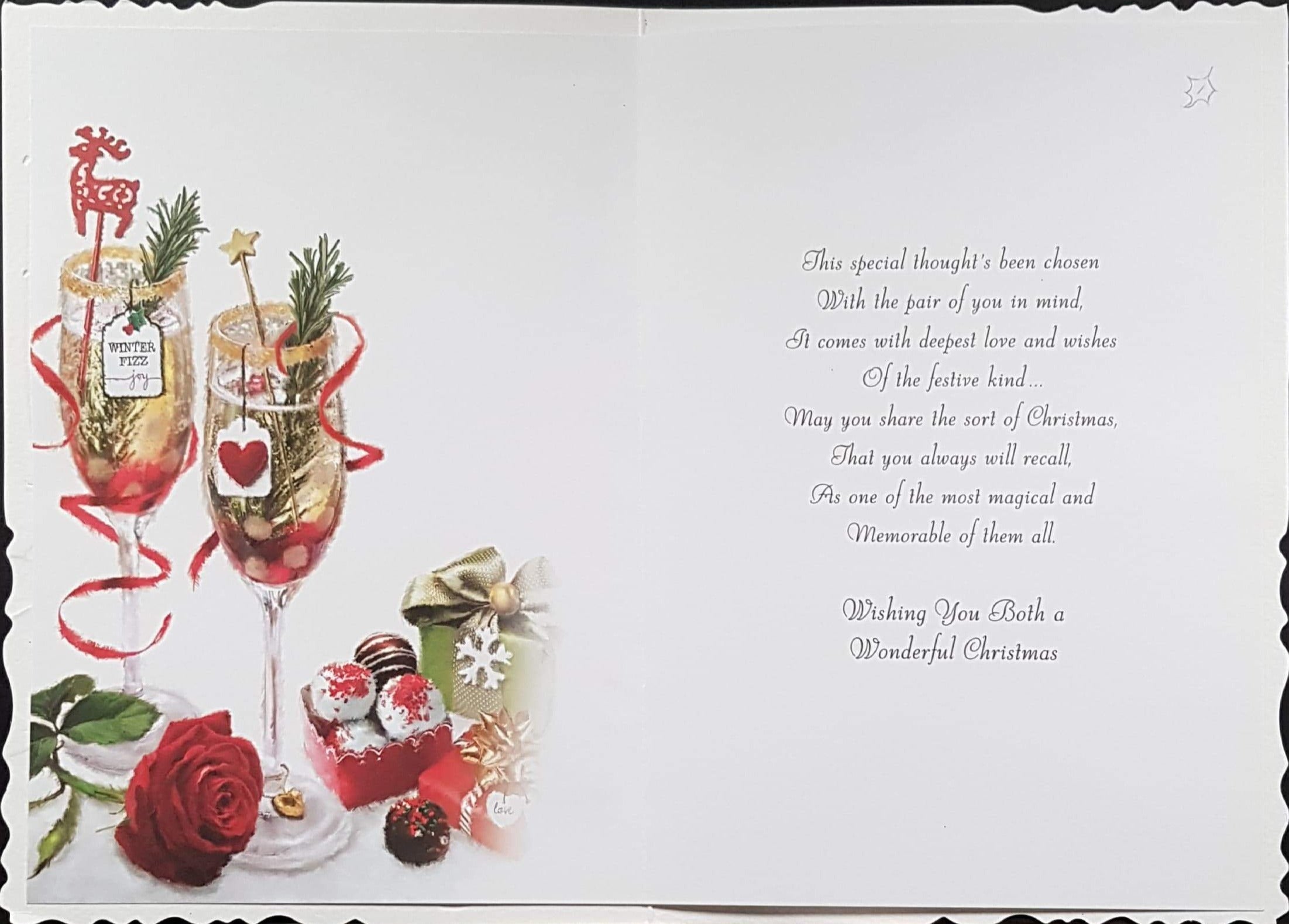 Daughter And Partner Christmas Card - At Christmas & Mulled Wine, Rose & Wrapped Gifts