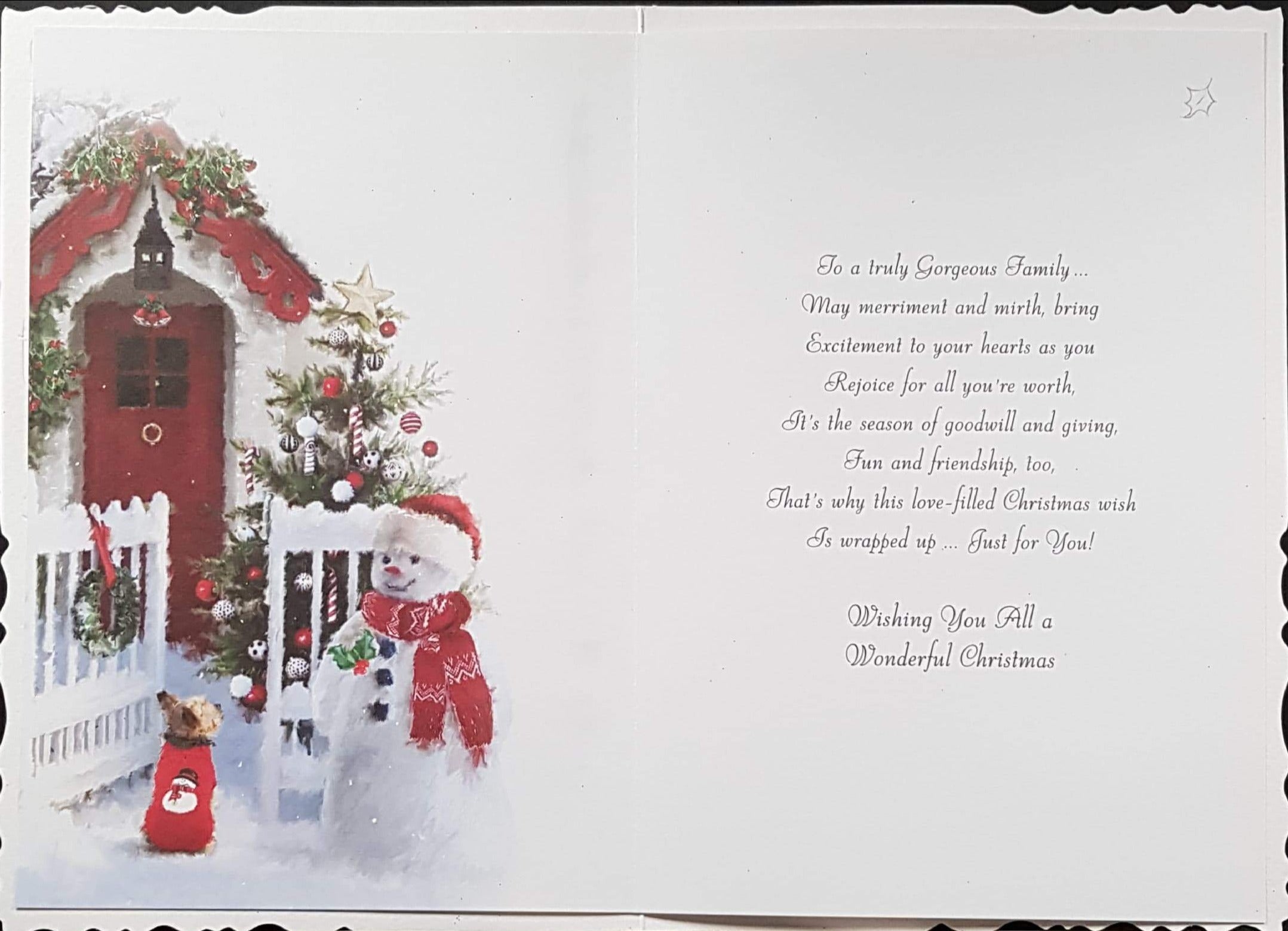 Son And Family Christmas Card - Love and Christmas Wishes & Snowman, Dog & Decorated Front Door